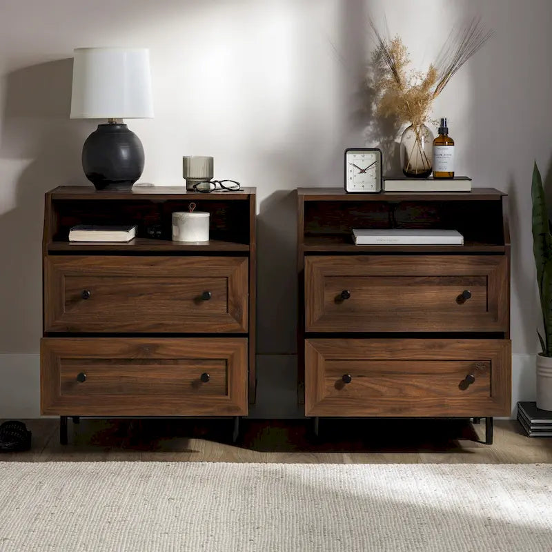 Lot de 2 tables de chevet modernes avec 2 tiroirs et ports USB, 56 cm (L) x 41 cm (P) x 66 cm (H), MDF, Contemporain