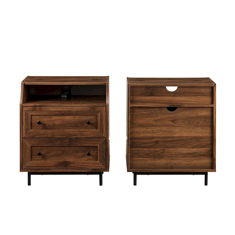 Lot de 2 tables de chevet modernes avec 2 tiroirs et ports USB, 56 cm (L) x 41 cm (P) x 66 cm (H), MDF, Contemporain