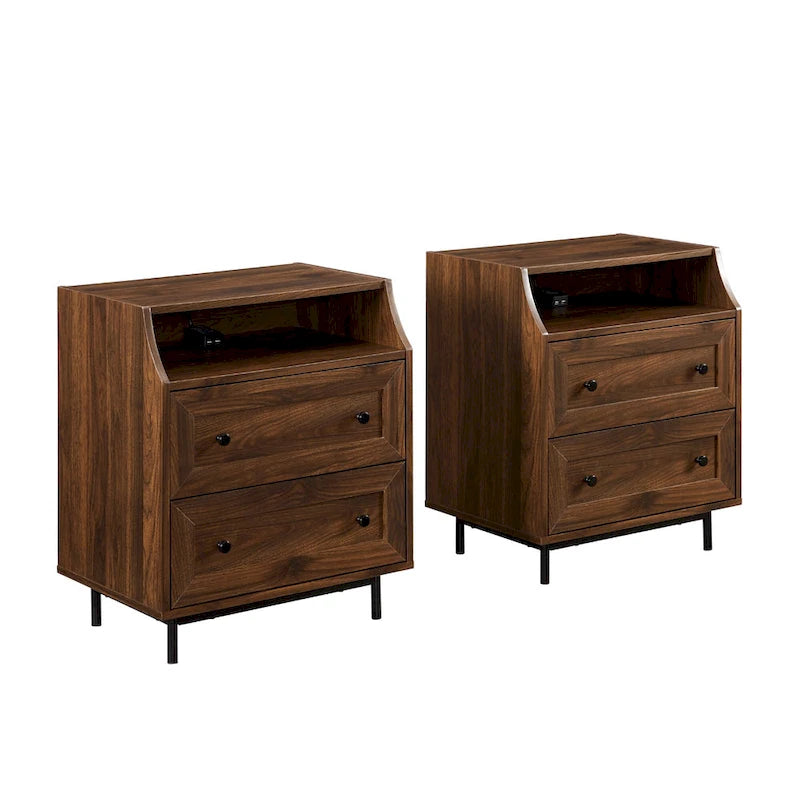 Lot de 2 tables de chevet modernes avec 2 tiroirs et ports USB, 56 cm (L) x 41 cm (P) x 66 cm (H), MDF, Contemporain