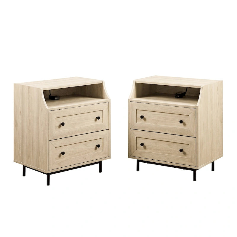 Lot de 2 tables de chevet modernes avec 2 tiroirs et ports USB, 56 cm (L) x 41 cm (P) x 66 cm (H), MDF, Contemporain