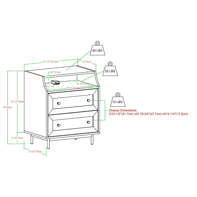Lot de 2 tables de chevet modernes avec 2 tiroirs et ports USB, 56 cm (L) x 41 cm (P) x 66 cm (H), MDF, Contemporain