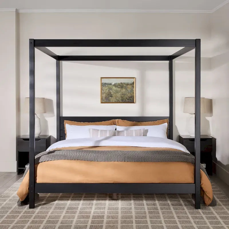Lit King size à baldaquin minimaliste noir/pin naturel, pin massif et MDF, sans sommier à ressorts, 79,63" de large