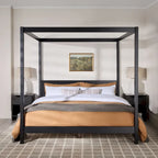 Lit King size à baldaquin minimaliste noir/pin naturel, pin massif et MDF, sans sommier à ressorts, 79,63" de large