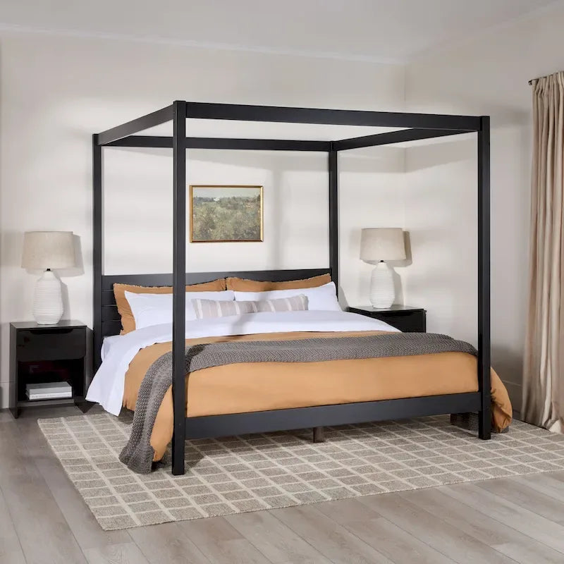Lit King size à baldaquin minimaliste noir/pin naturel, pin massif et MDF, sans sommier à ressorts, 79,63" de large