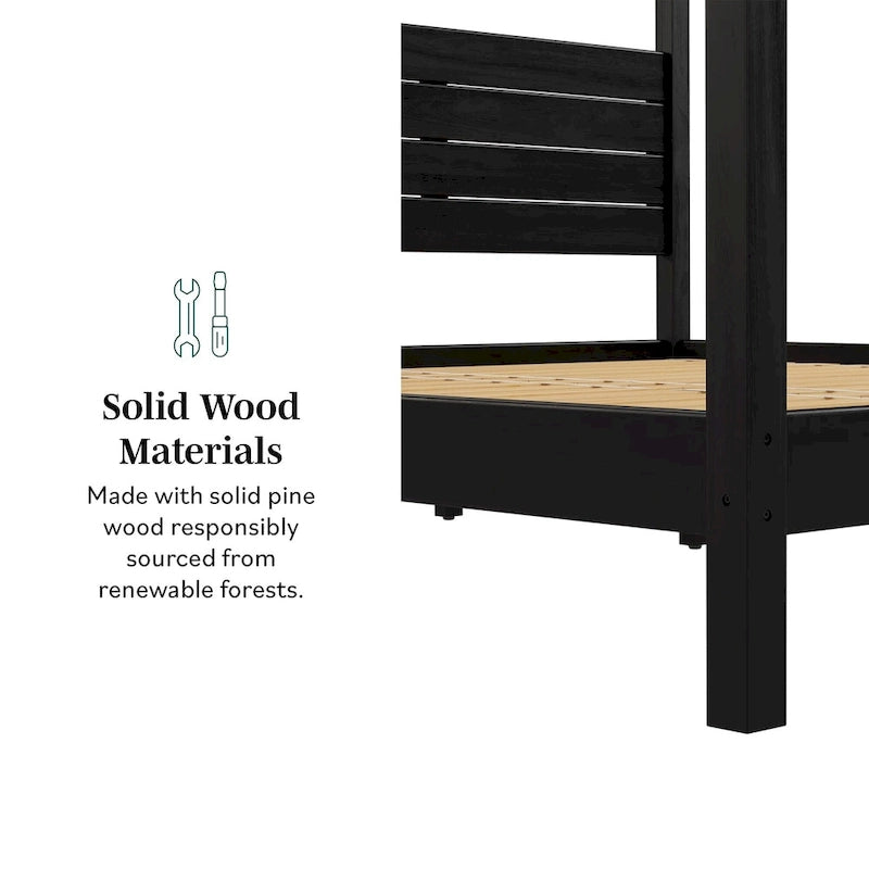Lit King size à baldaquin minimaliste noir/pin naturel, pin massif et MDF, sans sommier à ressorts, 79,63" de large