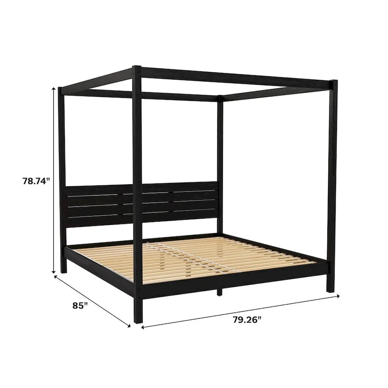 Lit King size à baldaquin minimaliste noir/pin naturel, pin massif et MDF, sans sommier à ressorts, 79,63" de large