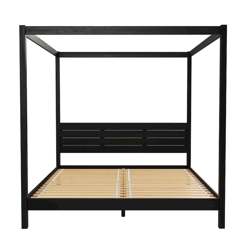 Lit King size à baldaquin minimaliste noir/pin naturel, pin massif et MDF, sans sommier à ressorts, 79,63" de large