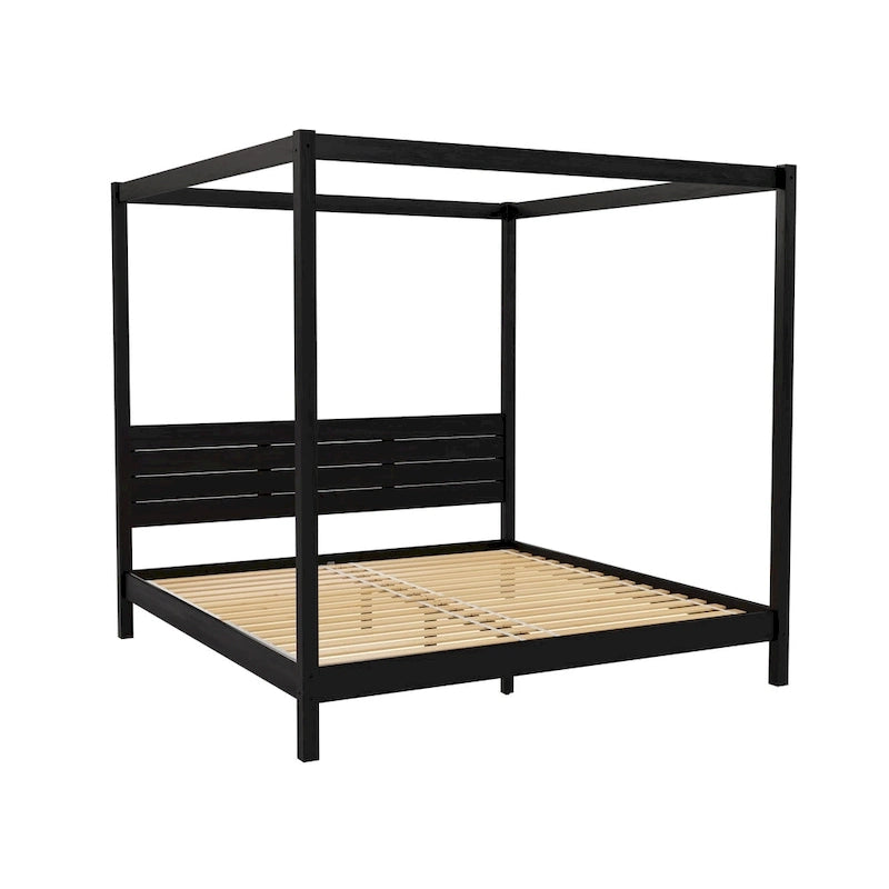 Lit King size à baldaquin minimaliste noir/pin naturel, pin massif et MDF, sans sommier à ressorts, 79,63" de large