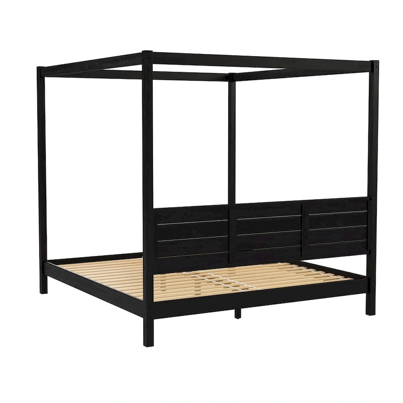 Lit King size à baldaquin minimaliste noir/pin naturel, pin massif et MDF, sans sommier à ressorts, 79,63" de large