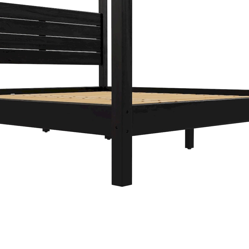 Lit King size à baldaquin minimaliste noir/pin naturel, pin massif et MDF, sans sommier à ressorts, 79,63" de large