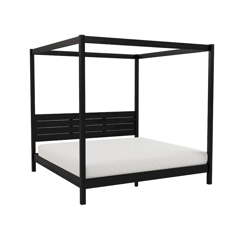 Lit King size à baldaquin minimaliste noir/pin naturel, pin massif et MDF, sans sommier à ressorts, 79,63" de large