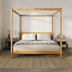 Lit King size à baldaquin minimaliste noir/pin naturel, pin massif et MDF, sans sommier à ressorts, 79,63" de large
