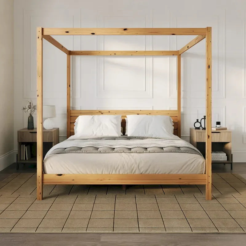 Lit King size à baldaquin minimaliste noir/pin naturel, pin massif et MDF, sans sommier à ressorts, 79,63" de large