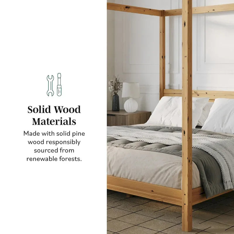 Lit King size à baldaquin minimaliste noir/pin naturel, pin massif et MDF, sans sommier à ressorts, 79,63" de large