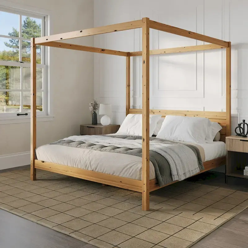 Lit King size à baldaquin minimaliste noir/pin naturel, pin massif et MDF, sans sommier à ressorts, 79,63" de large
