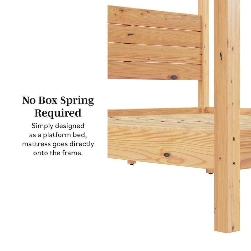 Lit King size à baldaquin minimaliste noir/pin naturel, pin massif et MDF, sans sommier à ressorts, 79,63" de large