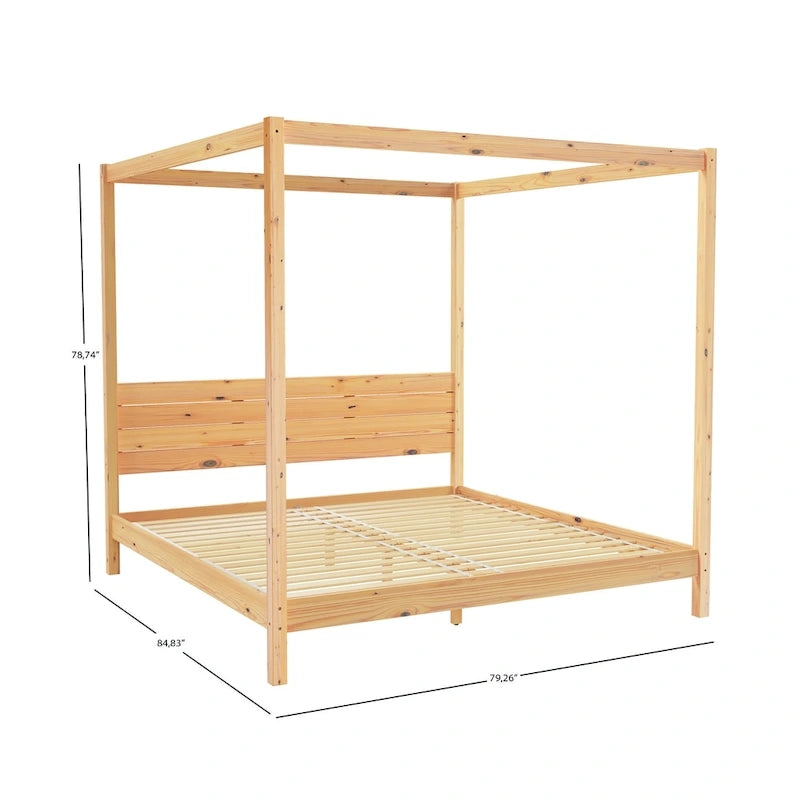 Lit King size à baldaquin minimaliste noir/pin naturel, pin massif et MDF, sans sommier à ressorts, 79,63" de large