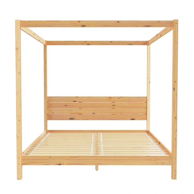 Lit King size à baldaquin minimaliste noir/pin naturel, pin massif et MDF, sans sommier à ressorts, 79,63" de large