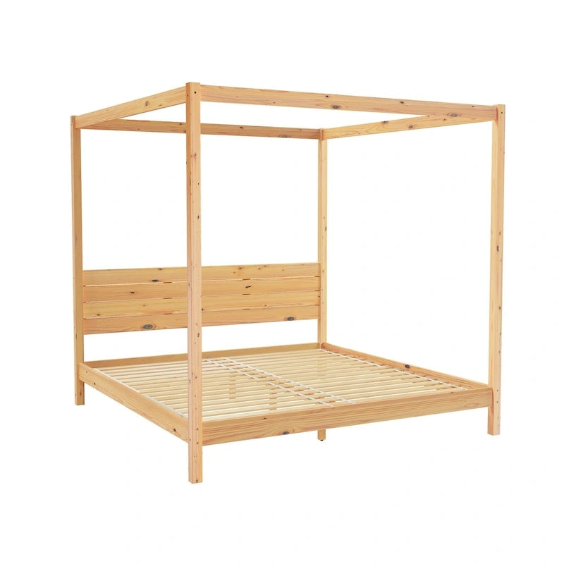 Lit King size à baldaquin minimaliste noir/pin naturel, pin massif et MDF, sans sommier à ressorts, 79,63" de large