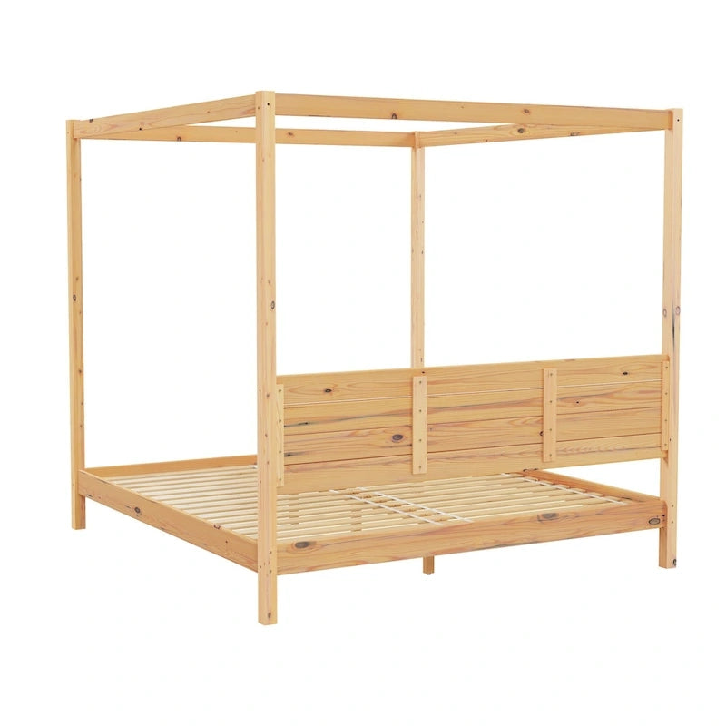 Lit King size à baldaquin minimaliste noir/pin naturel, pin massif et MDF, sans sommier à ressorts, 79,63" de large