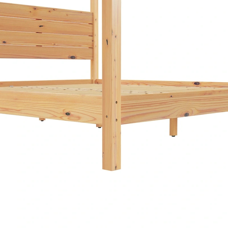 Lit King size à baldaquin minimaliste noir/pin naturel, pin massif et MDF, sans sommier à ressorts, 79,63" de large