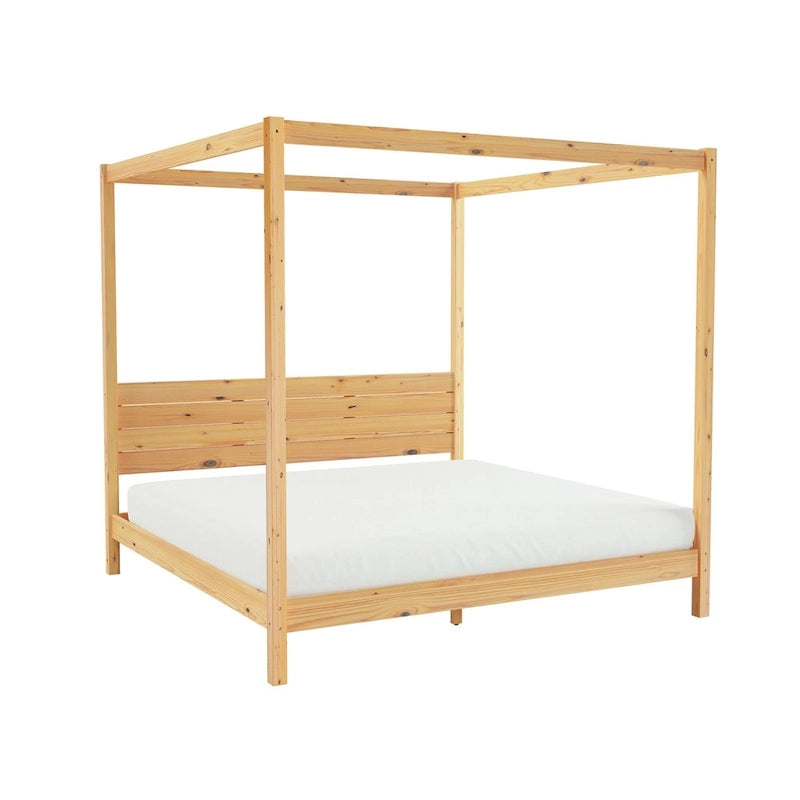 Lit King size à baldaquin minimaliste noir/pin naturel, pin massif et MDF, sans sommier à ressorts, 79,63" de large