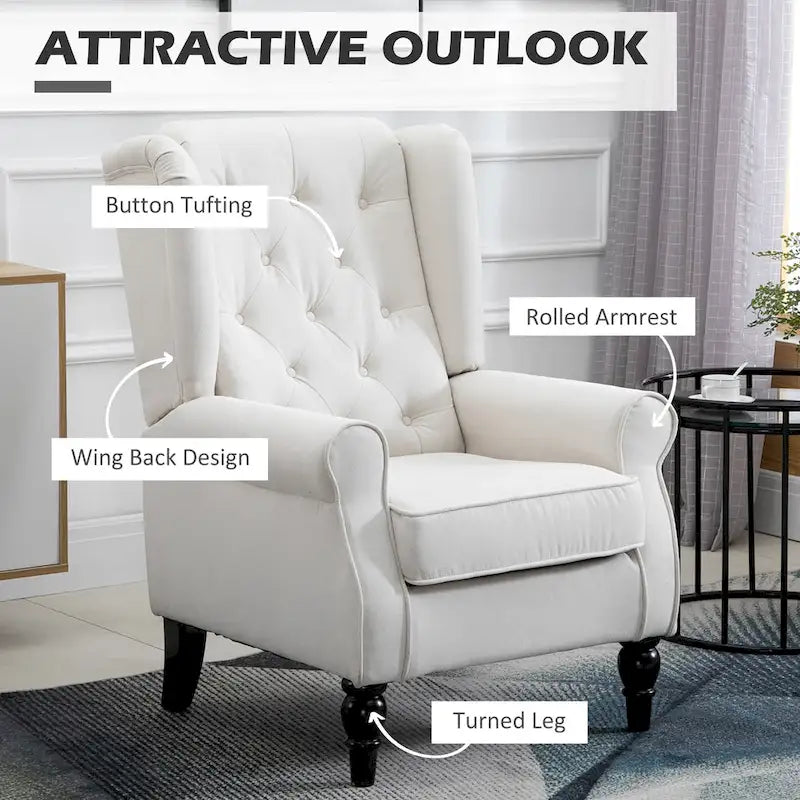 Fauteuil d'appoint haut à dossier capitonné, blanc, pieds en eucalyptus, 1 place