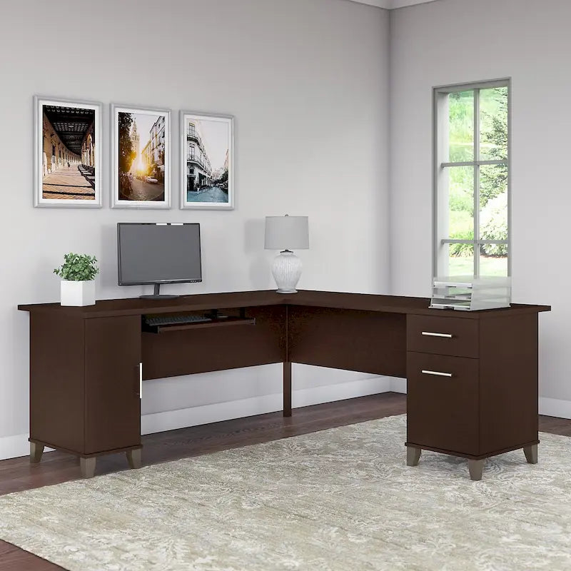 Bureau d'angle avec rangements, 72" de large, tiroir clavier coulissant, tiroir classeur, 1 place, 10 coloris