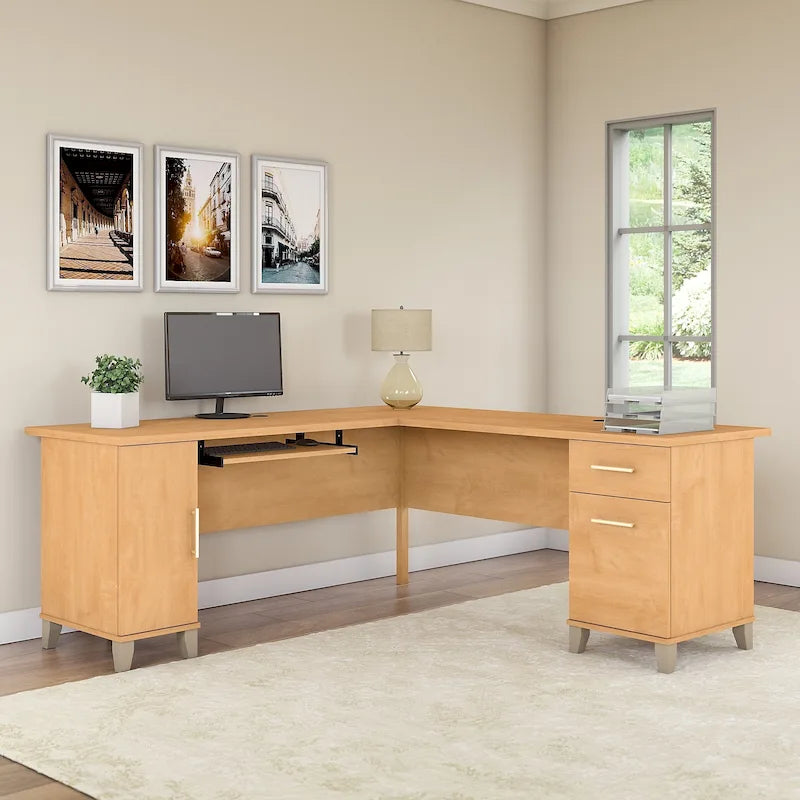 Bureau d'angle avec rangements, 72" de large, tiroir clavier coulissant, tiroir classeur, 1 place, 10 coloris