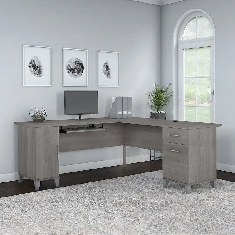 Bureau d'angle avec rangements, 72" de large, tiroir clavier coulissant, tiroir classeur, 1 place, 10 coloris