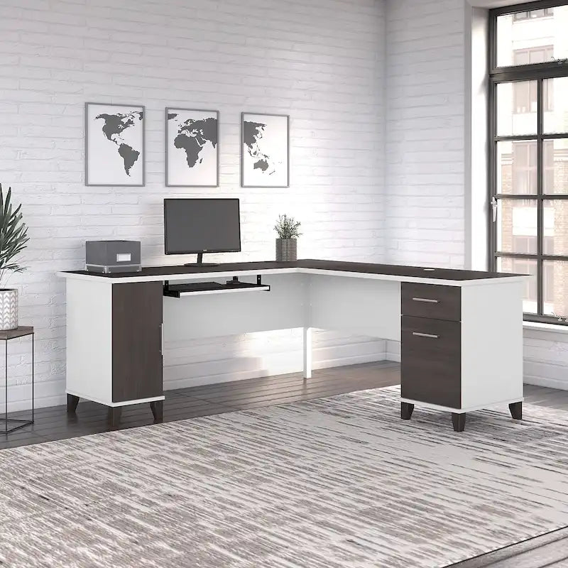 Bureau d'angle avec rangements, 72" de large, tiroir clavier coulissant, tiroir classeur, 1 place, 10 coloris