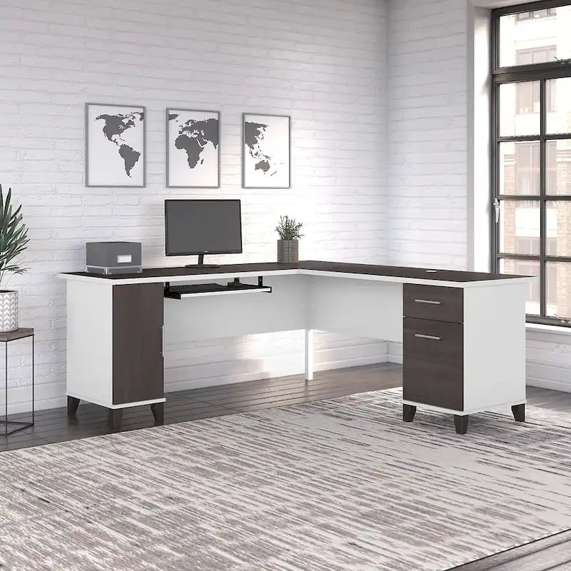 Bureau d'angle avec rangements, 72" de large, tiroir clavier coulissant, tiroir classeur, 1 place, 10 coloris