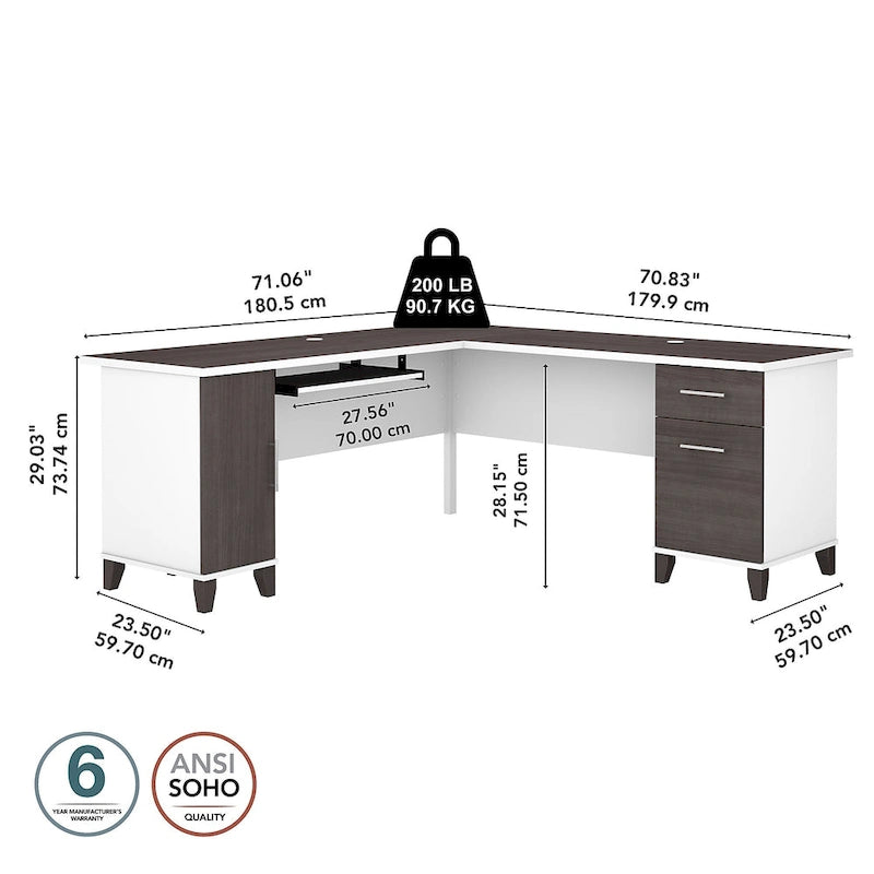 Bureau d'angle avec rangements, 72" de large, tiroir clavier coulissant, tiroir classeur, 1 place, 10 coloris