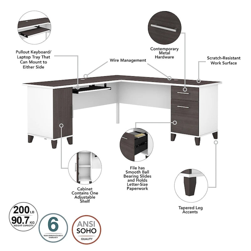 Bureau d'angle avec rangements, 72" de large, tiroir clavier coulissant, tiroir classeur, 1 place, 10 coloris