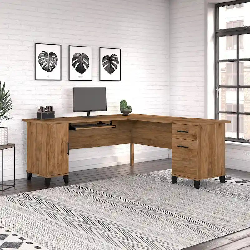 Bureau d'angle avec rangements, 72" de large, tiroir clavier coulissant, tiroir classeur, 1 place, 10 coloris