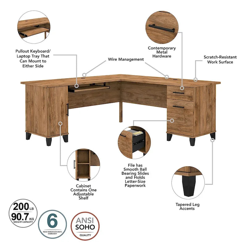 Bureau d'angle avec rangements, 72" de large, tiroir clavier coulissant, tiroir classeur, 1 place, 10 coloris