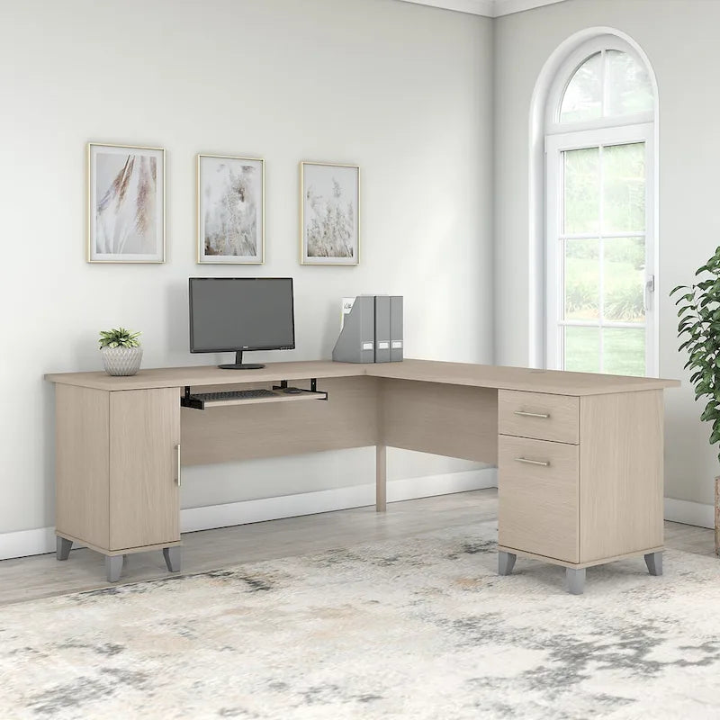 Bureau d'angle avec rangements, 72" de large, tiroir clavier coulissant, tiroir classeur, 1 place, 10 coloris