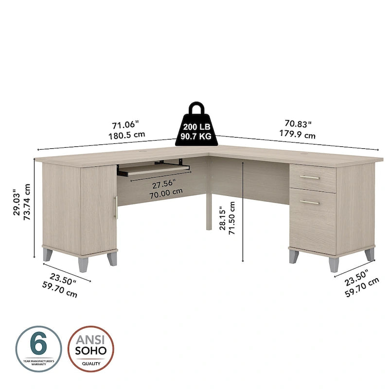 Bureau d'angle avec rangements, 72" de large, tiroir clavier coulissant, tiroir classeur, 1 place, 10 coloris