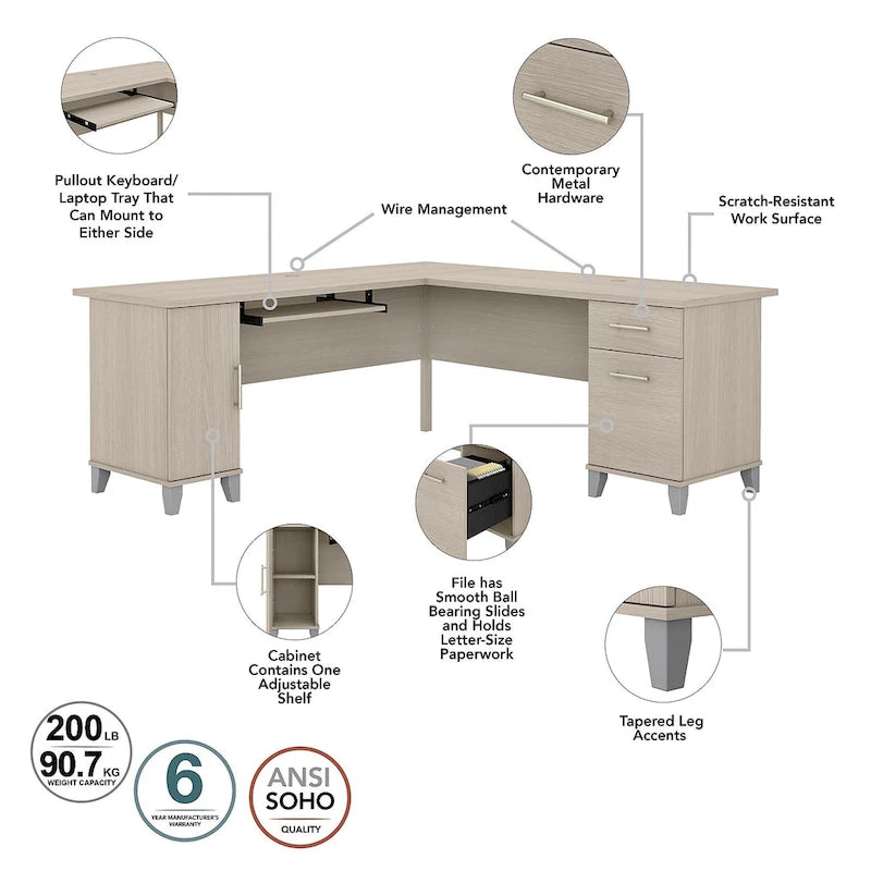 Bureau d'angle avec rangements, 72" de large, tiroir clavier coulissant, tiroir classeur, 1 place, 10 coloris