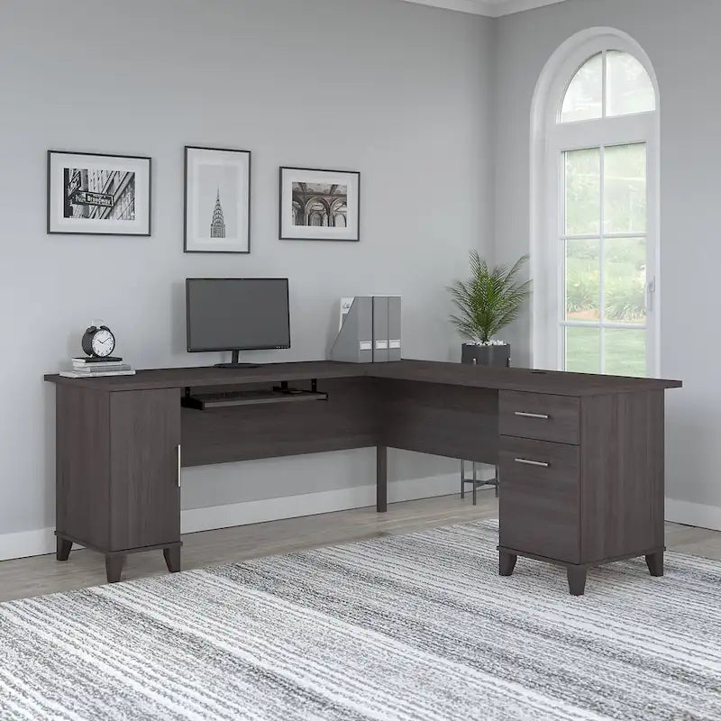 Bureau d'angle avec rangements, 72" de large, tiroir clavier coulissant, tiroir classeur, 1 place, 10 coloris