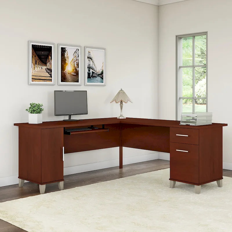 Bureau d'angle avec rangements, 72" de large, tiroir clavier coulissant, tiroir classeur, 1 place, 10 coloris