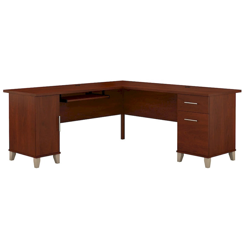 Bureau d'angle avec rangements, 72" de large, tiroir clavier coulissant, tiroir classeur, 1 place, 10 coloris