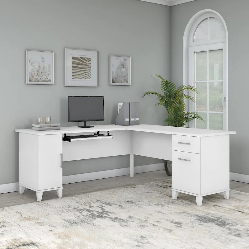 Bureau d'angle avec rangements, 72" de large, tiroir clavier coulissant, tiroir classeur, 1 place, 10 coloris