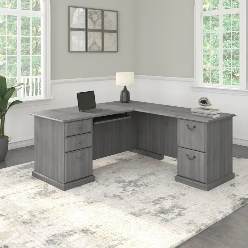 Bureau d'ordinateur en L avec tiroirs, cerisier/gris/chêne blanc, traditionnel, 1 place assise