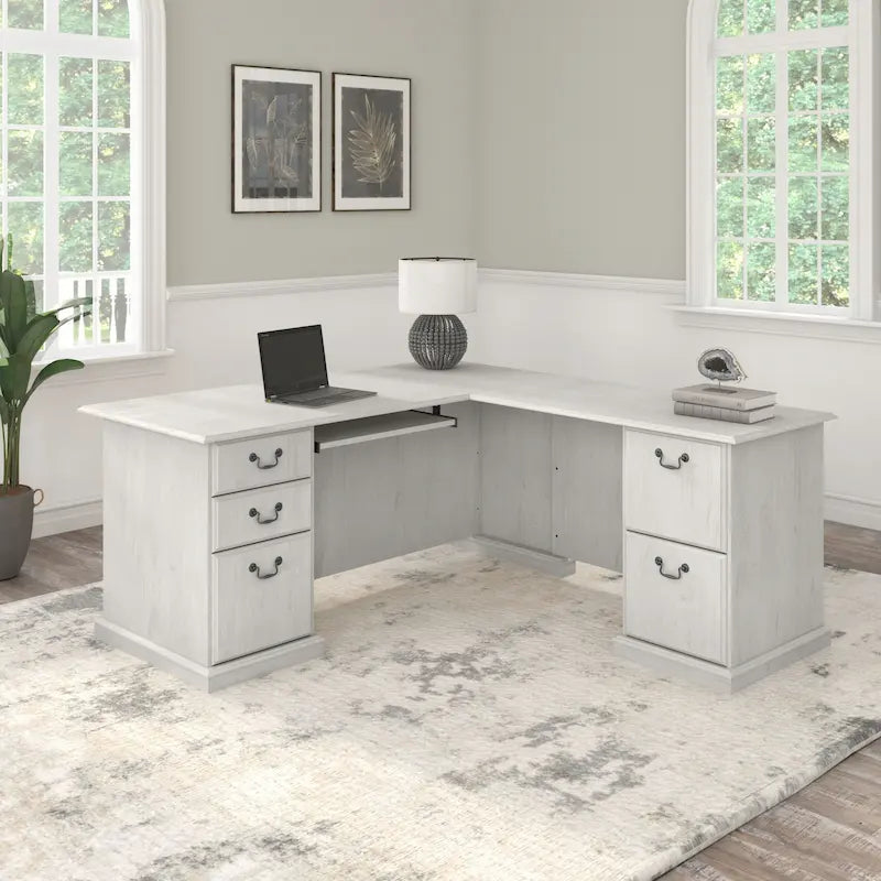 Bureau d'ordinateur en L avec tiroirs, cerisier/gris/chêne blanc, traditionnel, 1 place assise