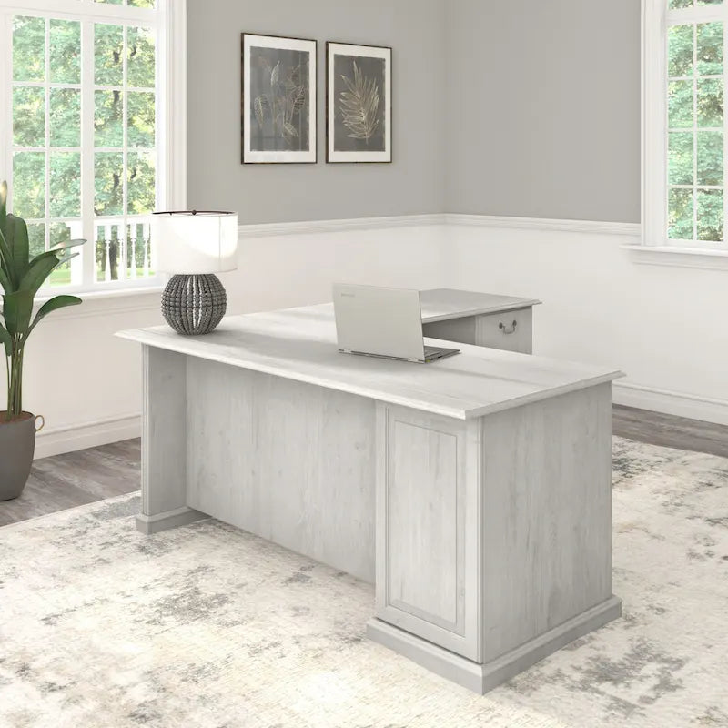 Bureau d'ordinateur en L avec tiroirs, cerisier/gris/chêne blanc, traditionnel, 1 place assise