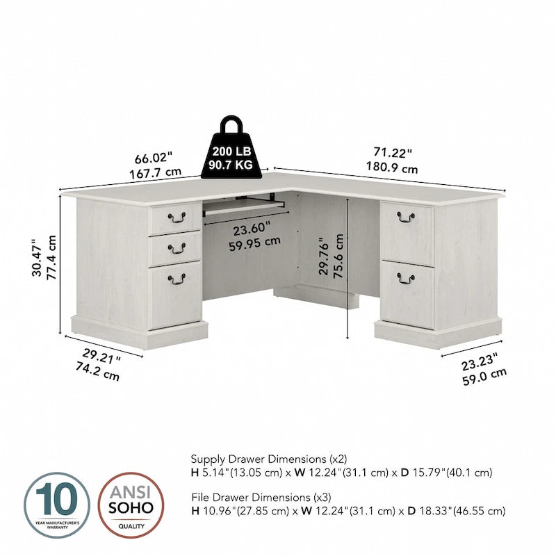 Bureau d'ordinateur en L avec tiroirs, cerisier/gris/chêne blanc, traditionnel, 1 place assise