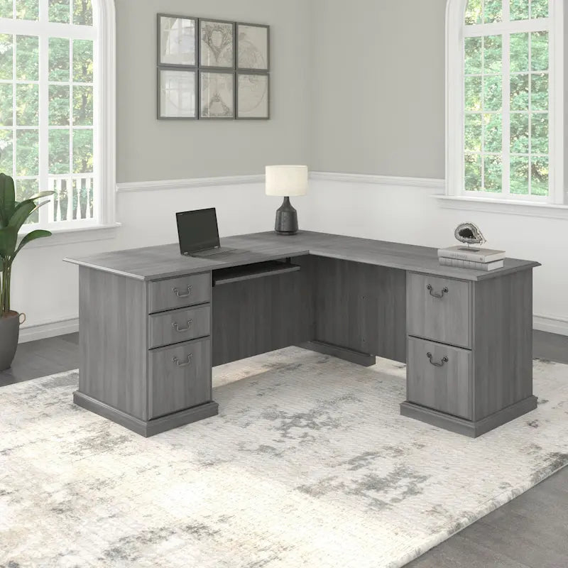 Bureau d'ordinateur en L avec tiroirs, cerisier/gris/chêne blanc, traditionnel, 1 place assise