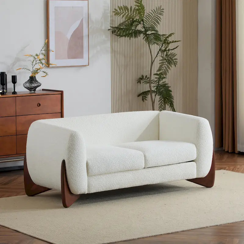 Causeuse Boucle 63 po, Arrondie, Pieds en bois de bouleau, Blanc/Olive/Caramel/Bleu marine/Amande, 2 places