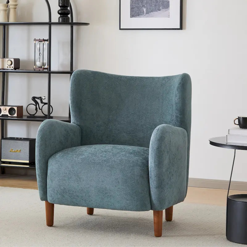 Fauteuil club à oreilles, mi-siècle, velours moelleux, pieds en bois massif et bouleau, 1 place, bleu/marron
